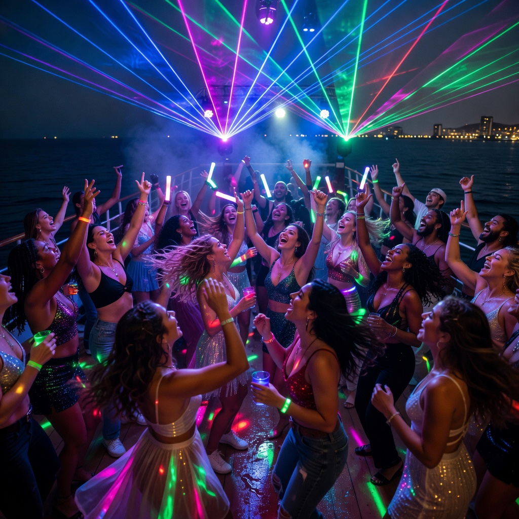 Club crowd celebrating under laser lights at party cruise