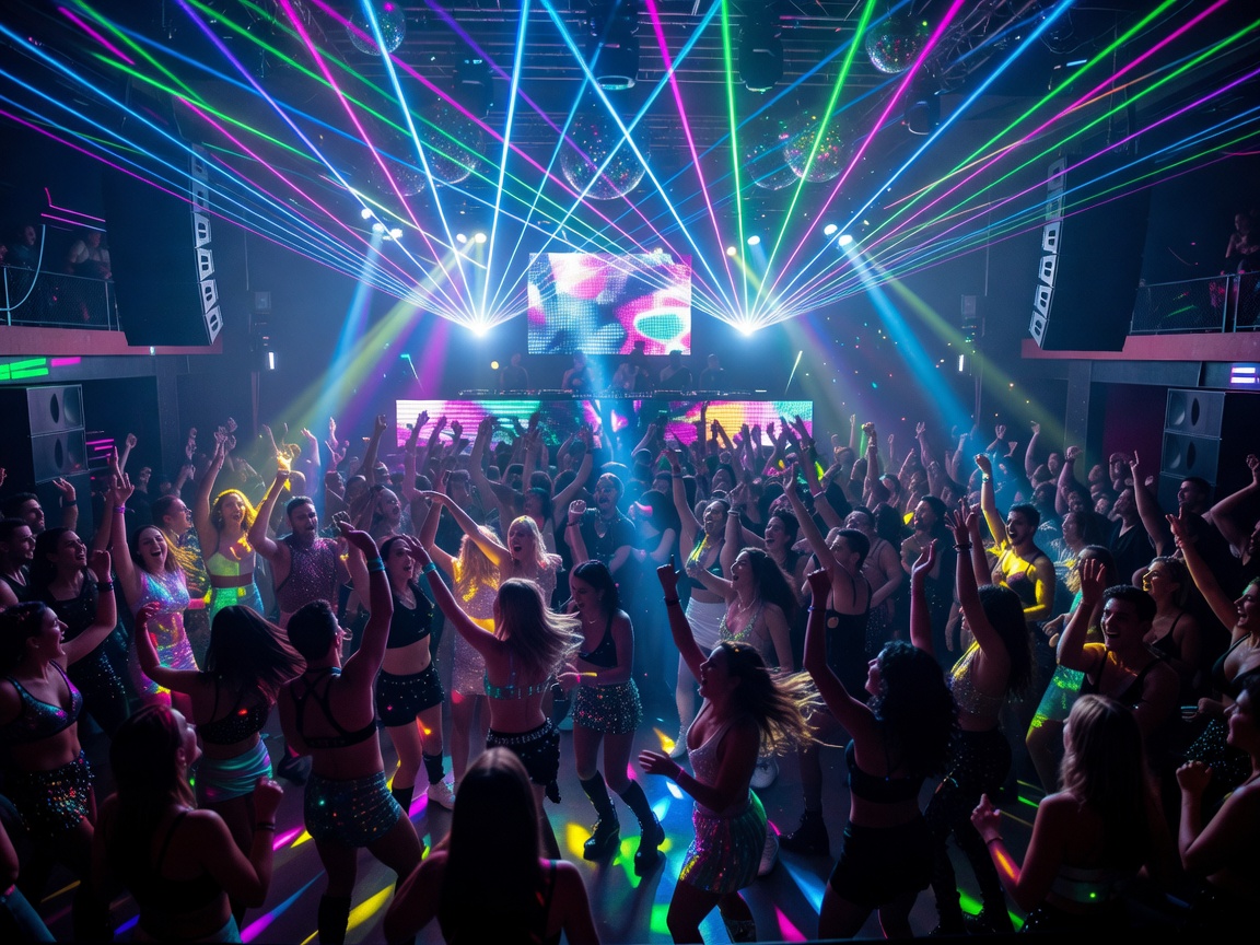 Ibiza superclub dancefloor lasers and party cruisers