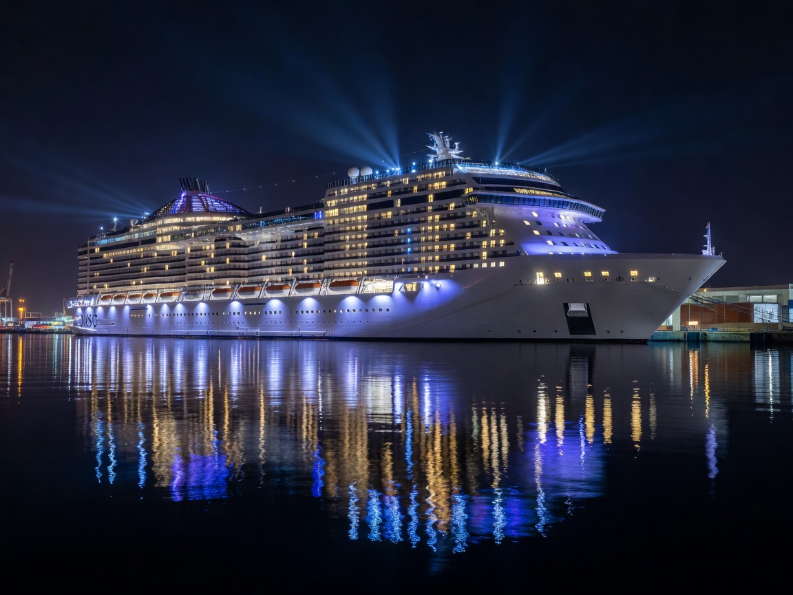 MSC World Europa illuminated at night