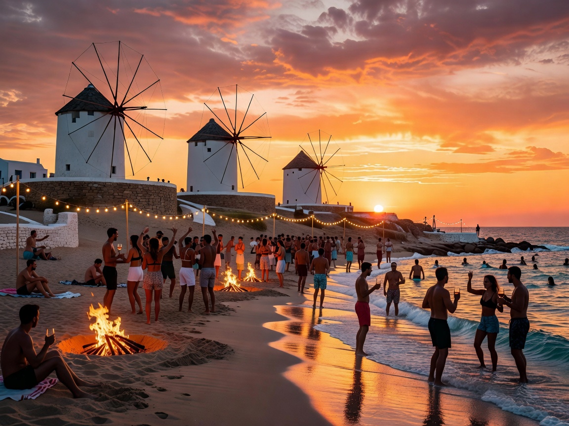Mykonos windmills and sunset beach party