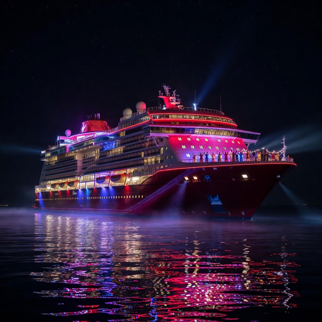 Virgin Voyages Scarlet Lady party ship lit up at night